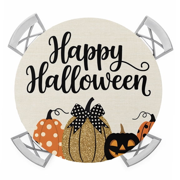 Happy Halloween Round Tablecloth for 36-44 Inch Tables,Fitted Table Cover with Elastic Edge,Holiday Pumpkins Black Dots Retro Beige Waterproof Outdoor Table Cloth Protector for Patio Garden Dinner