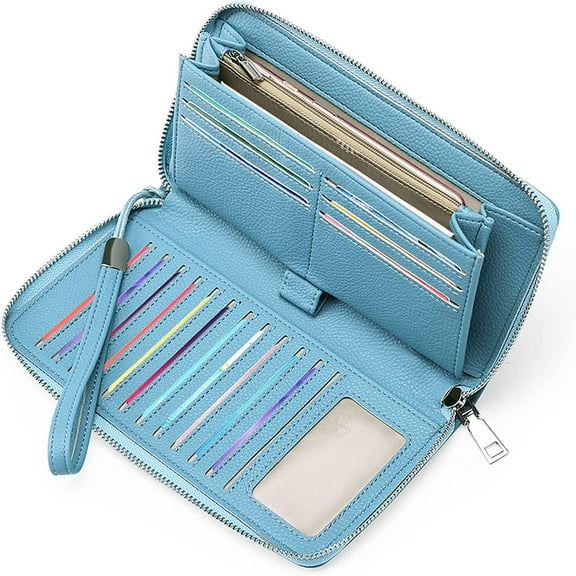 Women's wallet, large capacity leather women's wallet, zip clutch, bracelet with RFID blocking,Great gift for Wife, Girlfriend/Light blue