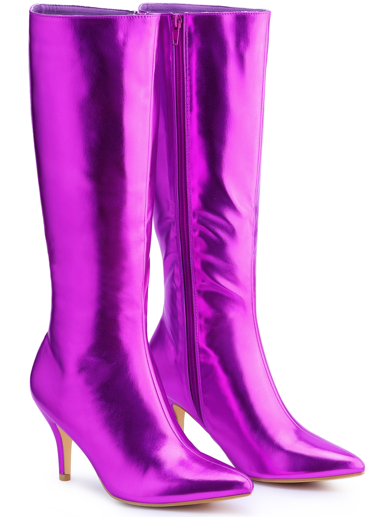 DARING DIVA Women's Pointed Toe Stiletto Heels Shiny Knee-high Boots Purple 8