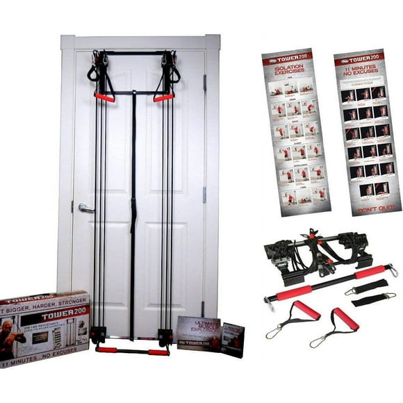Tower 200 Full Body Exercise Gym with Straight Bar Included, 2 Ankle Straps, 2 Padded Handles, Complete Door Gym Full Body Workouts Fitness and Exercise Training System for Men and Women