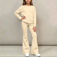 thumbnail image 5 of Spazoro Girls 2 Piece Outfit Set, Long Sleeve Solid Color Crewneck Elastic Waist Flare Leg Casual Loungewear Matching Clothes Beige Size 9-10, 5 of 6