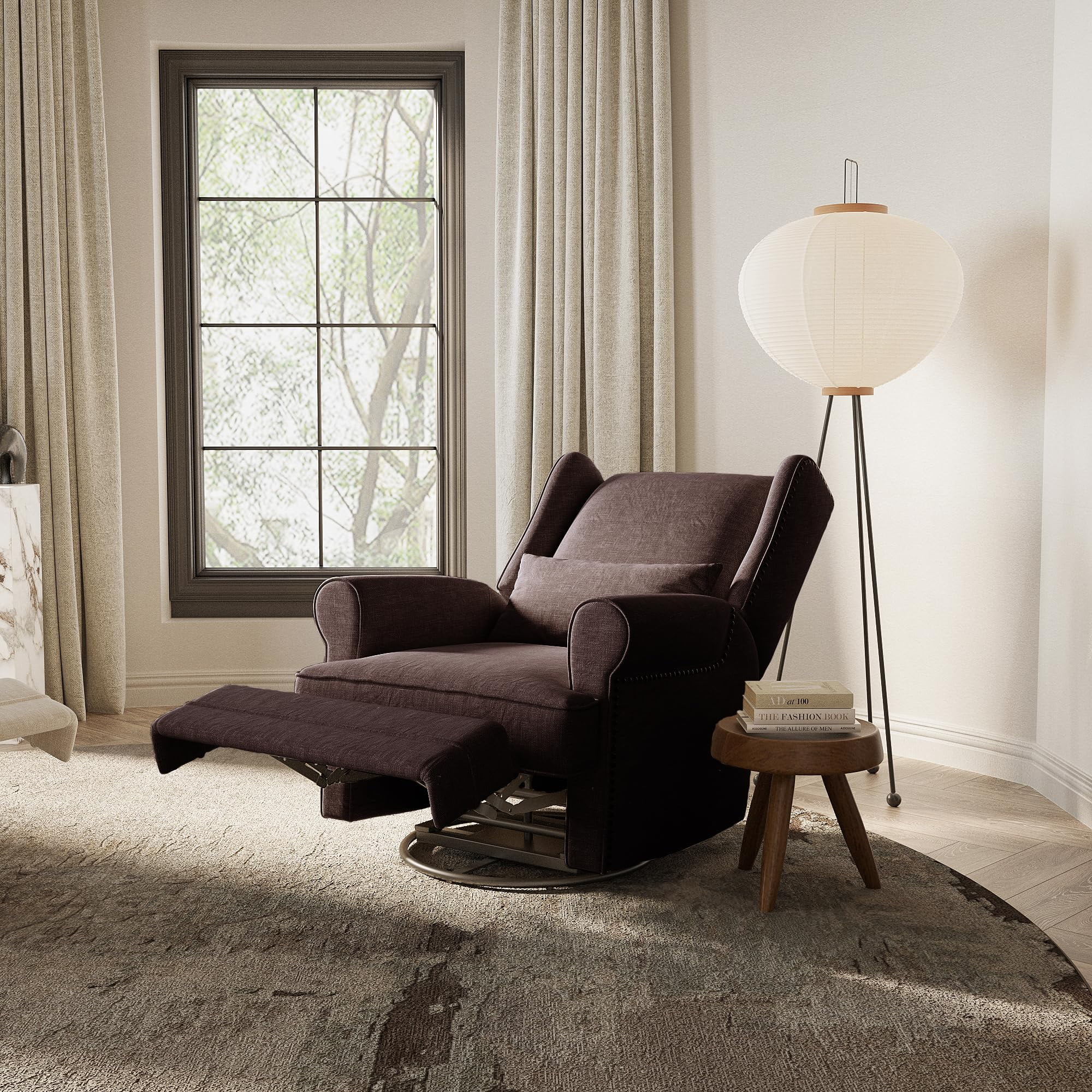 RoyalCraft Swivel Recliner Glider Rocking Chair with Lumbar Pillow and Footrest, for Bedroom, Living Room, Brown