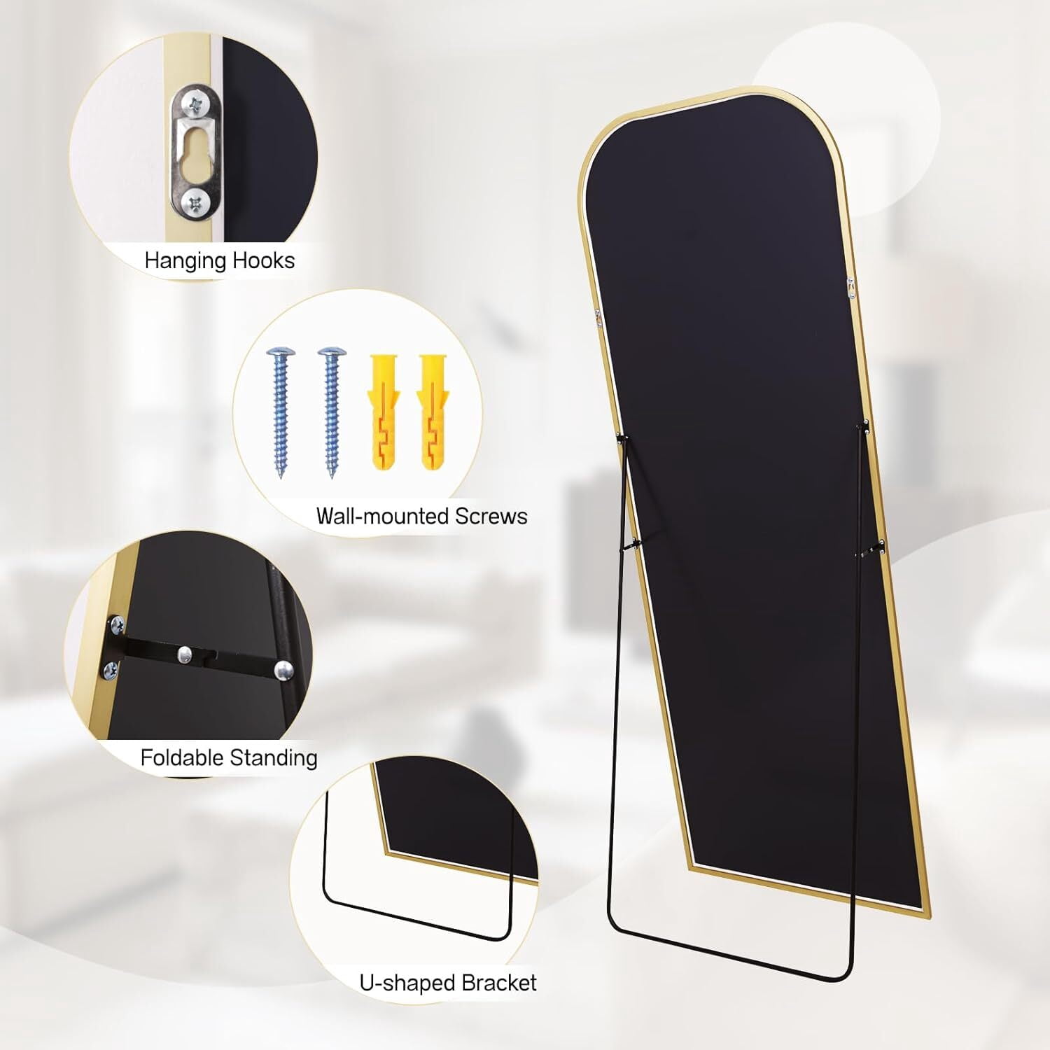 Easy4Home 64"x21" Arched Full Length Mirror Metal Frame Freestanding Mirror Wall-Mounted, Gold