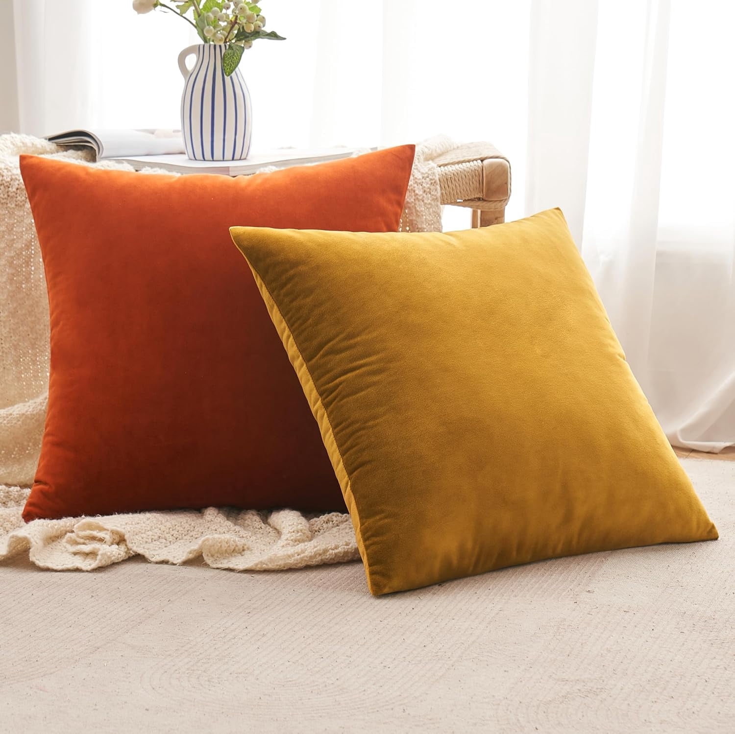 Dtwnek Pack of 2 Soft Thick Velvet Throw Pillow Covers Decorative Solid Square Cushion Cases for Sofa Couch Bedroom Car, 20x20 inch