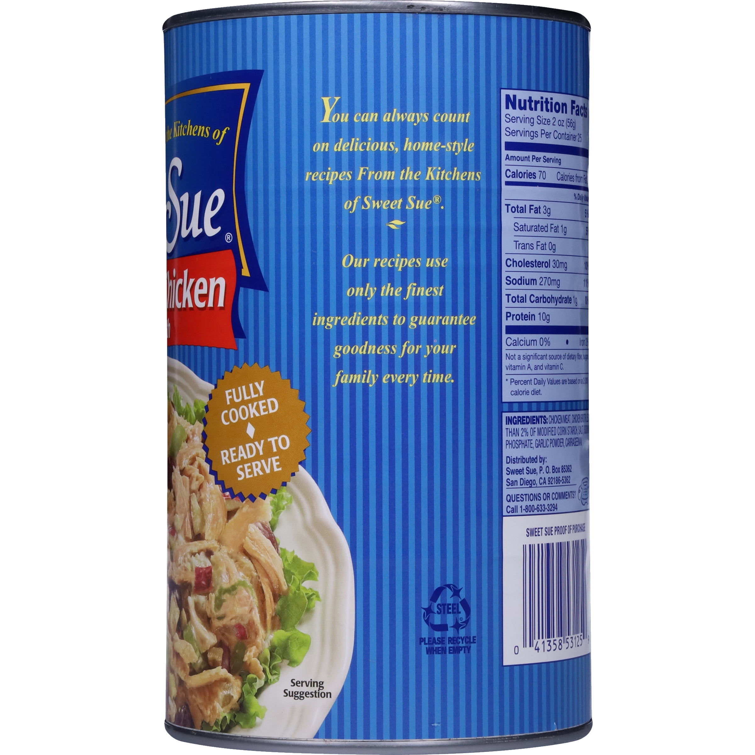 (12 pack) Sweet Sue Boneless Chicken with Broth, Fully Cooked and Ready to Serve, Gluten Free, 10g Protein Per Serving, Shelf Stable Can, 50 oz