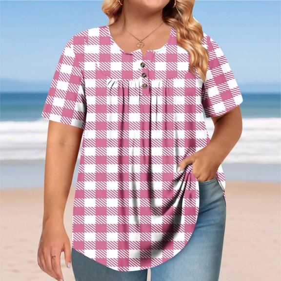 Women's Plus Size T-Shirt, Short Sleeve Pleated Blouse with Buttons and Striped Pattern for Casual Wear