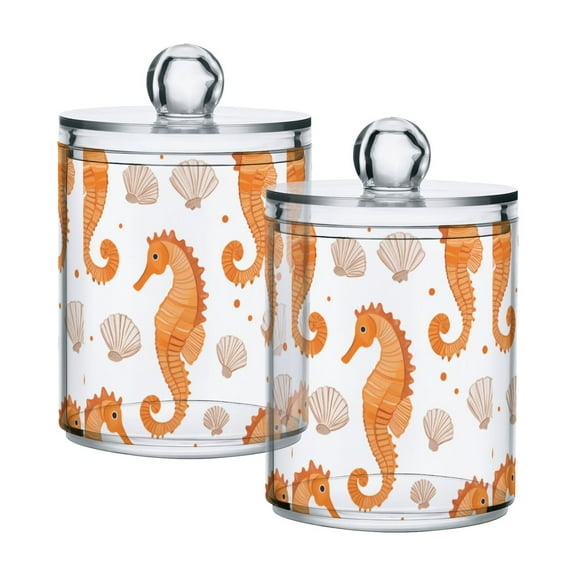 Yayeee 2 Pack Qtip Holder Bathroom Cotton Swab Canister with Lid Clear Dispenser Set, Orange Seahorse