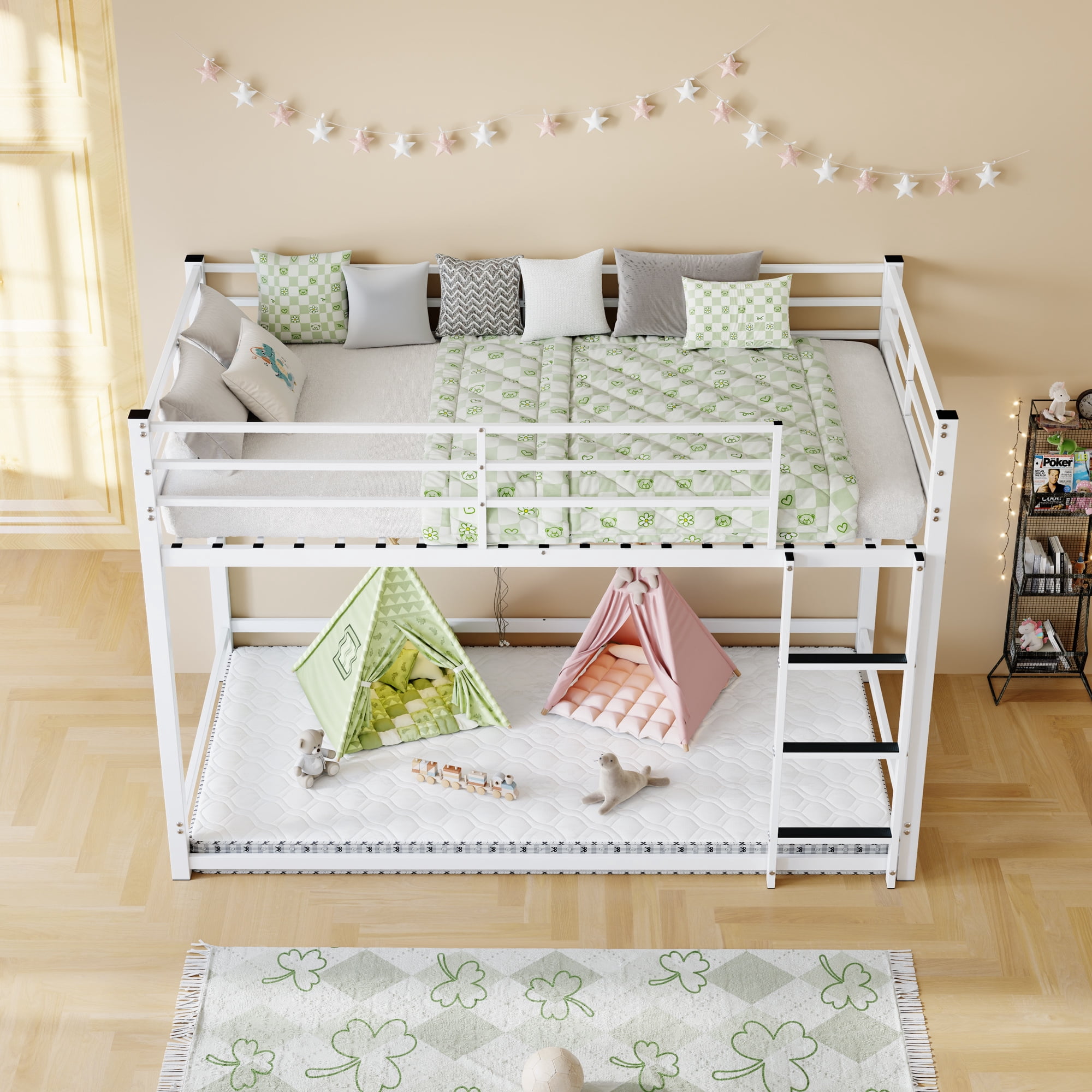 Mintazer Modern Twin Over Twin Metal Bunk Bed with Ladder and Guardrails for Bedroom Guest Room, Black