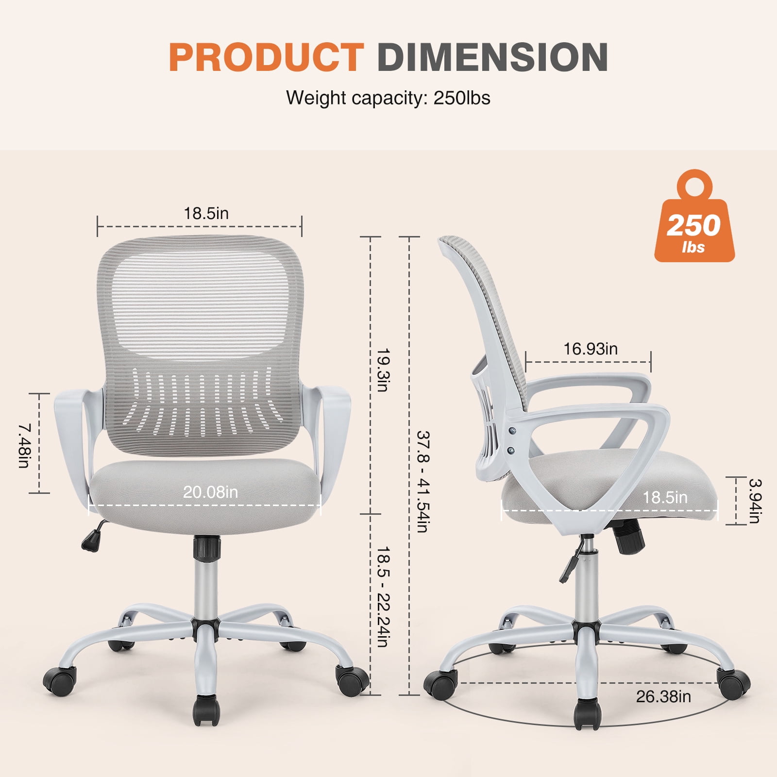 LIFERECORD Office Desk Chair Mesh Ergonomic Computer Gaming Chair Mid Back Chair with Comfy Lumbar Support Adjustable Height Swivel for Home Task, Grey