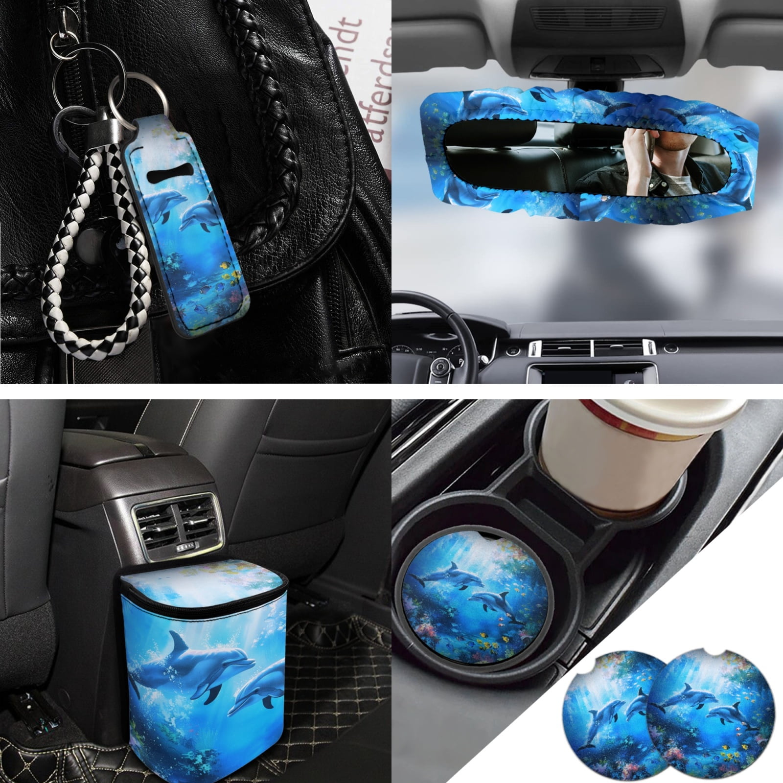Jeiento Dolphin Car Interior Accessories Full Set Car Seat Covers Steering Wheel Covers Seat Belt Covers Trash Can Coasters Auto Rear View Mirror Covers Keychains Lipstick Covers 13pcs Blue Ocean