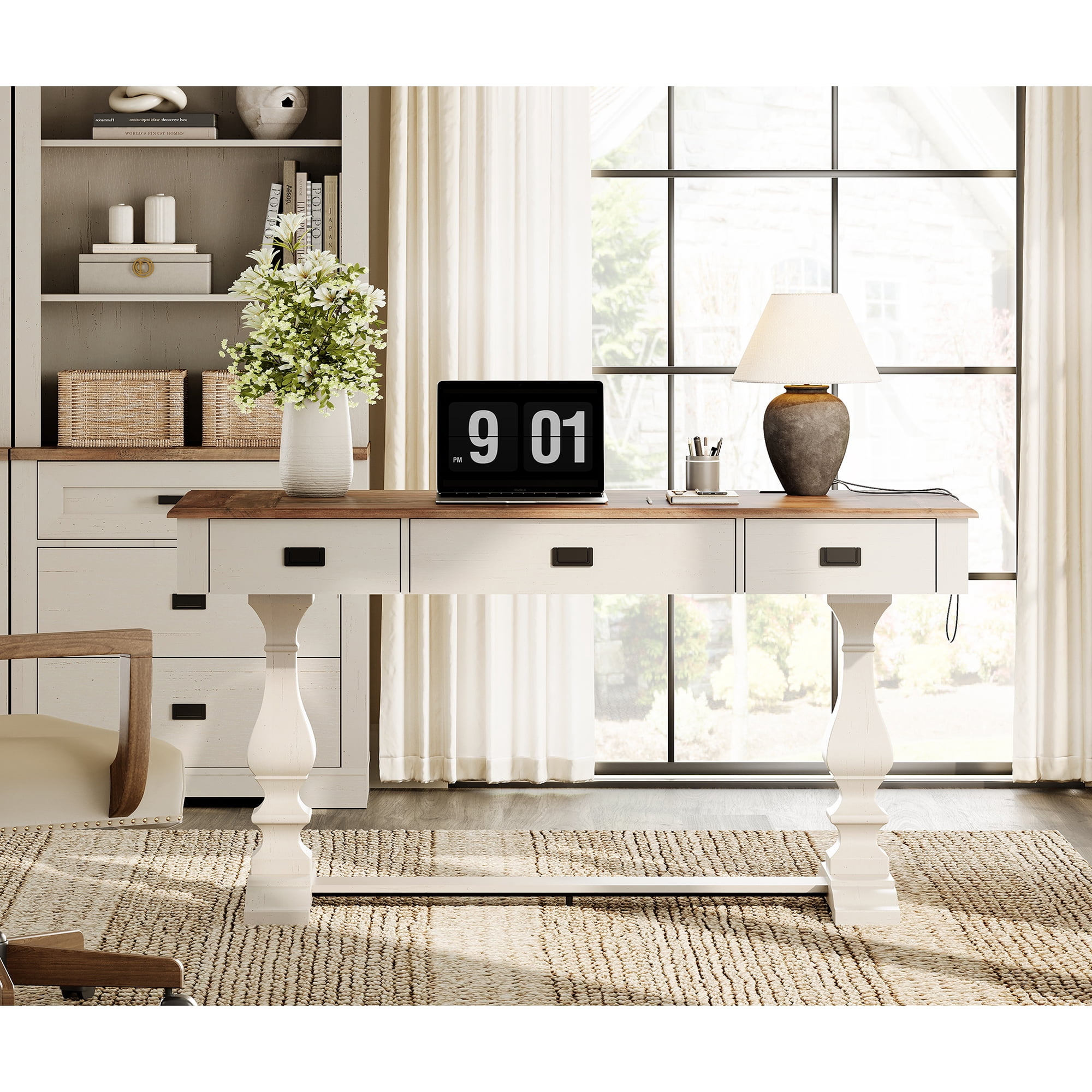 WAMPAT Farmhouse Office Desk with Charging Station - Vintage Rustic Executive Writing Table, Includes 3 Storage Drawers, Sturdy Solid Wood Legs and Ergonomic Rounded Edge for Study,Cream White