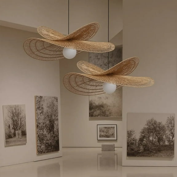 Arturesthome Vintage Handmade Rattan Woven Creative Double-Layer Straw Hat Pendant Light