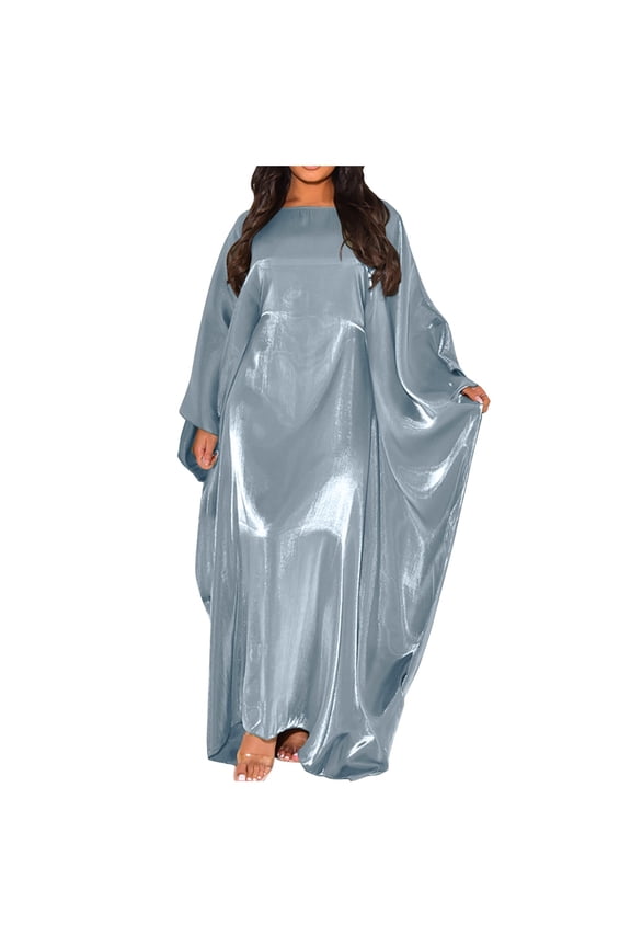Women Summer Batwing Sleeve Satin Abaya Islam Maxi Dress Kaftan Women's Long Dress With Batwing Sleeves And A Half-High Neckline Solid Color Dress For Women Blue One Size