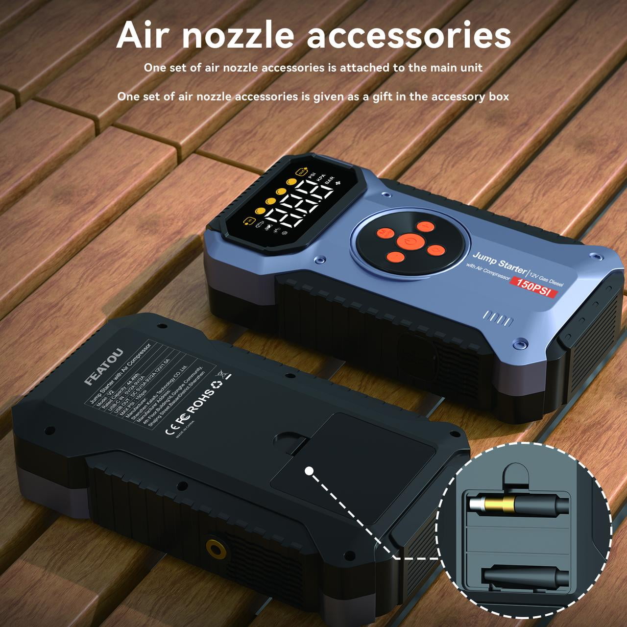 Featou Battery Jump Starter with Air Compressor, 6000A Peak Car Jumper Starter Portable with 150PSI Digital Tire Inflator for 10L Gas or 8.5L Diesel