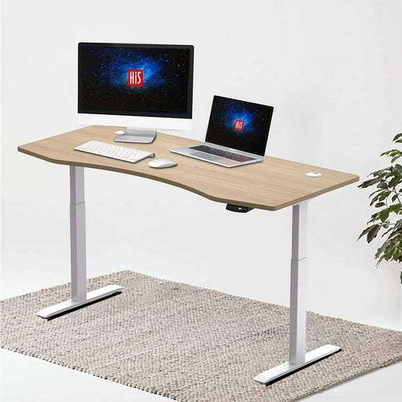 Hi5 Ez Electric Height Adjustable Standing Desk with Ergonomic Contoured Tabletop (180 x 80cm) and Dual Motor Lift System for Home Office Workstation (Oak Color top/White Frame)