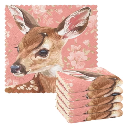 6 Packs Sika Deer with Flowers Kitchen Dish Towels Soft Absorbent Dish Cloths 11"x11"