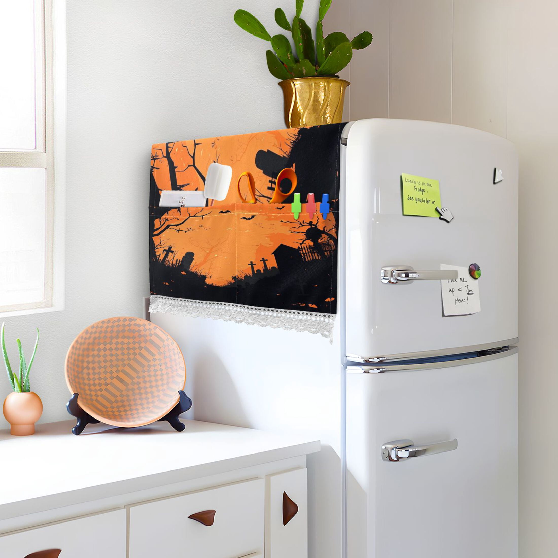 Halloween Background PatternWasher and Dryer Covers Dust-Proof and Oil Resistant Fridge Cover with 4 Storage Pockets Washing Machine Top Cover for Laundry Kitchen Home 51.2 x 22 In