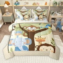 Manfei Cartoon Elephant Giraffe Monkey 7 Pieces Bedding Comforter Set for Preppy Children Kids,Kawaii Animal Full Bedding Set Lightweight,Cute Jungle Wildlife Fitted Sheet Flat Sheet