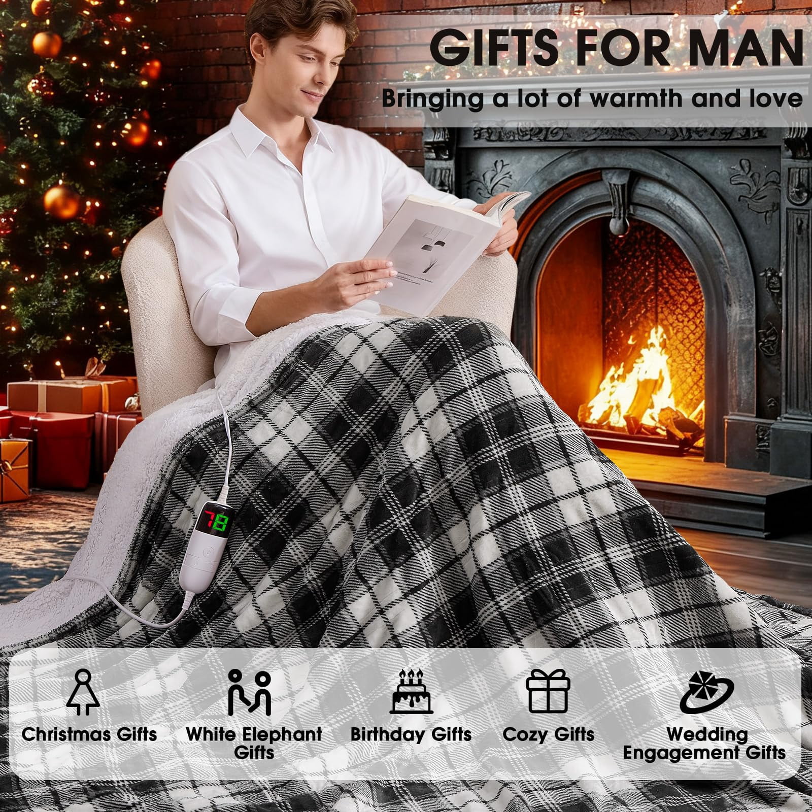 Black Heated Blanket Electric Throw  50x60 Heating With 10 Heats Levels & 8 Hours Auto Off Plaid Soft Sherpa Blankets Warmer Gifts For Men Dad Home Decor Living Room Bedroom Office