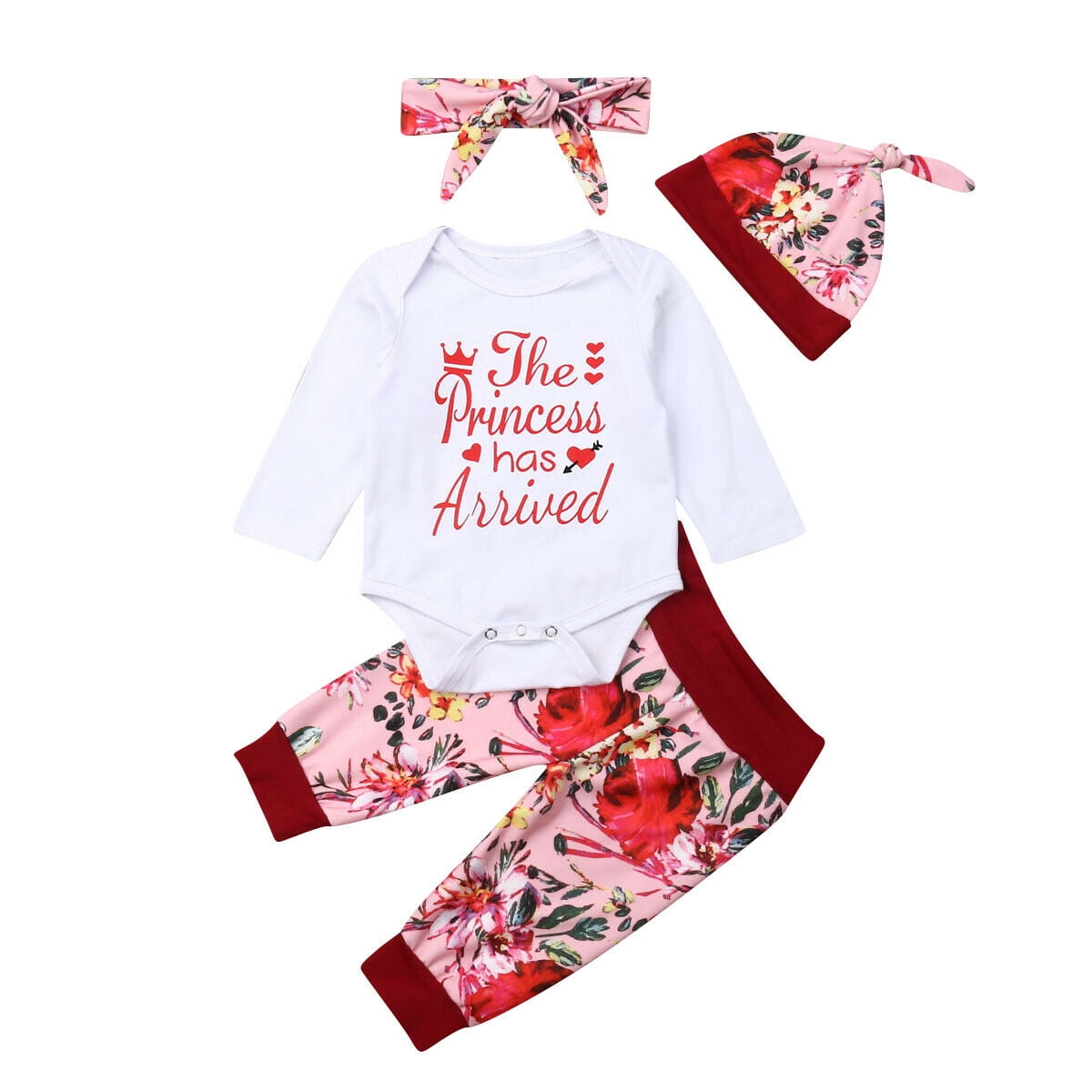 Newborn Baby Girl Romper Tops Jumpsuit Floral Pants Headband Outfit Clothes Set