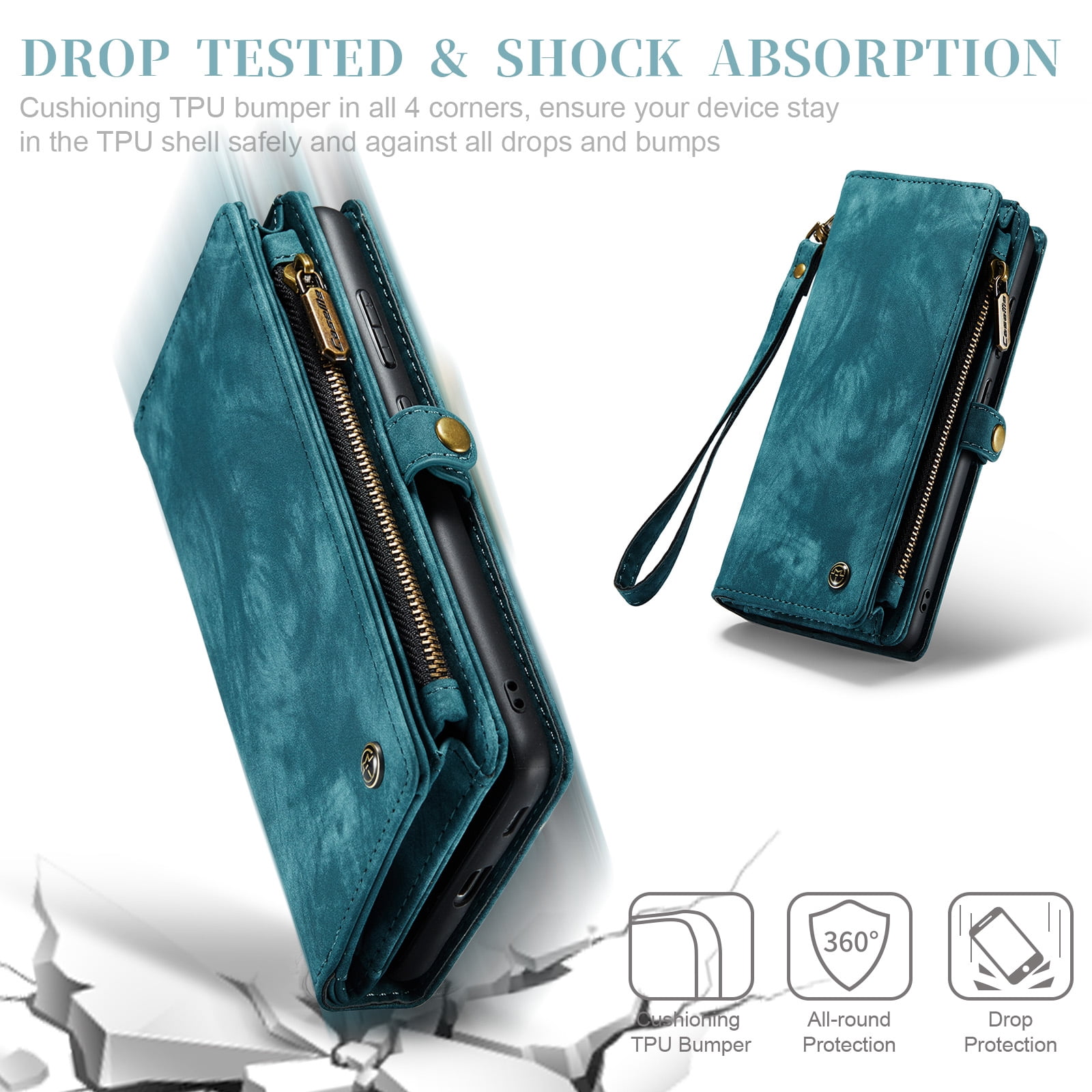 Feishell Durable 2-In-1 Magnetic Detachable Wallet Case for Samsung Galaxy S22 Plus,for Women Men,Premium PU Leather Zipper Pocket Flip Multi Card Slots Purse Phone Case with Wrist Strap,Green