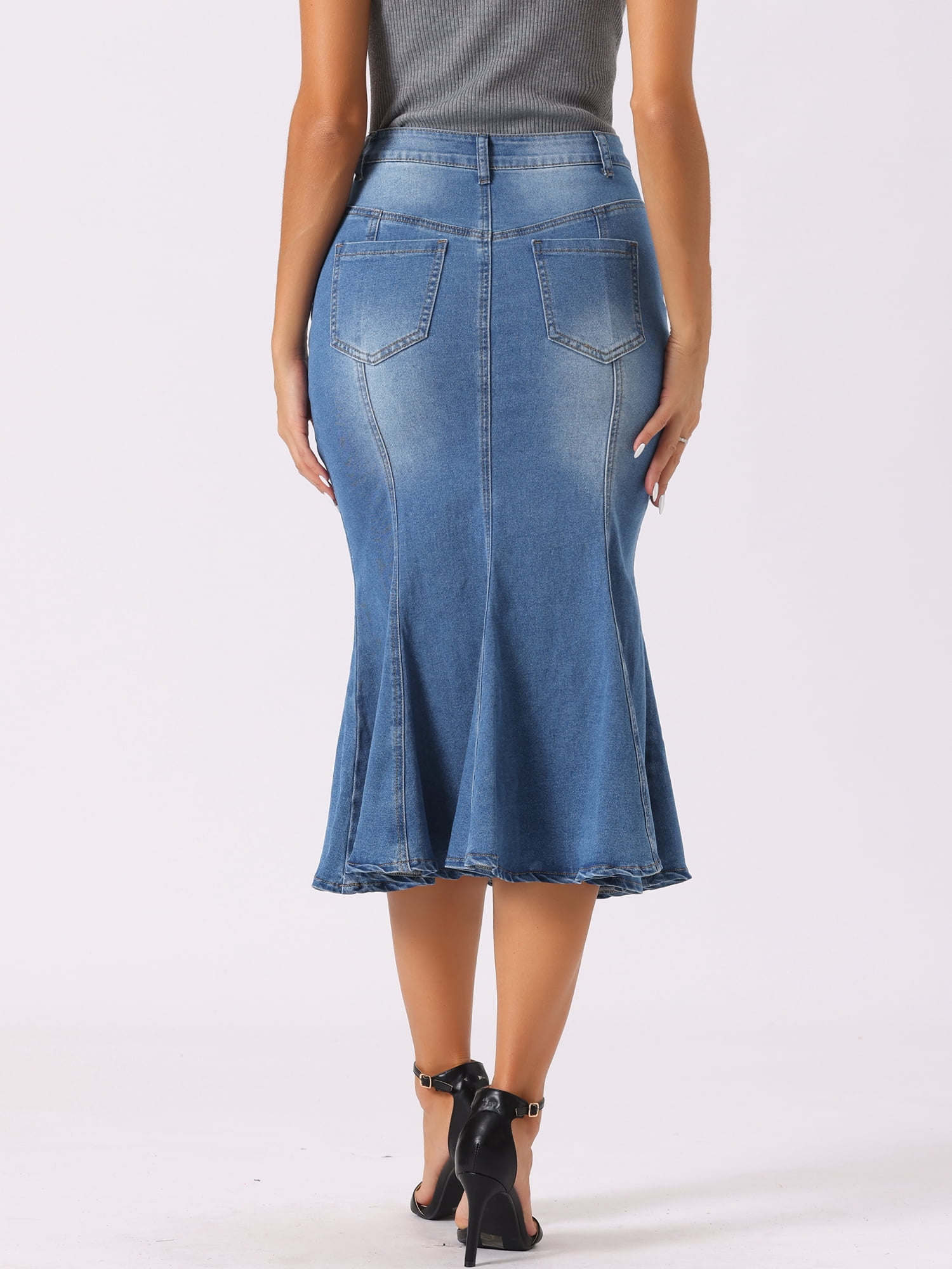 DARING DIVA Fishtail Denim Skirt Women's Washed Midi Jean Bodycon Skirt M Sky Blue