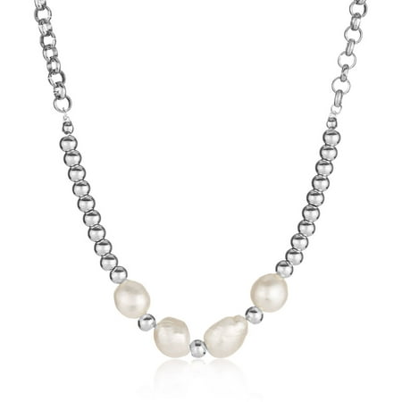 ELYA Freshwater Pearl Beads Stainless Steel Rolo Chain Necklace (6mm), 17