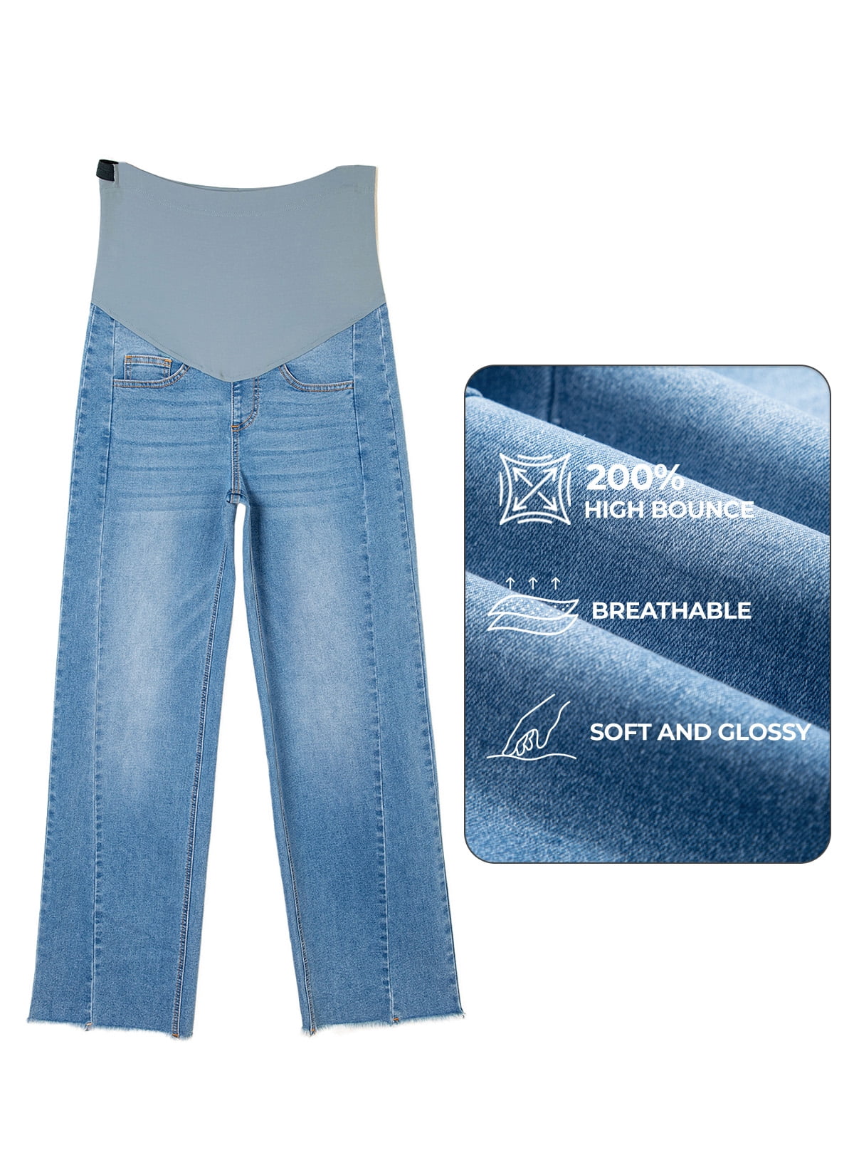 DOKOTOO Women's Maternity Jeans with Full Elastic Panel - High Waist Over The Belly Straight Leg Stretchy Pregnancy Jean Raw Hem Frayed Denim Pants
