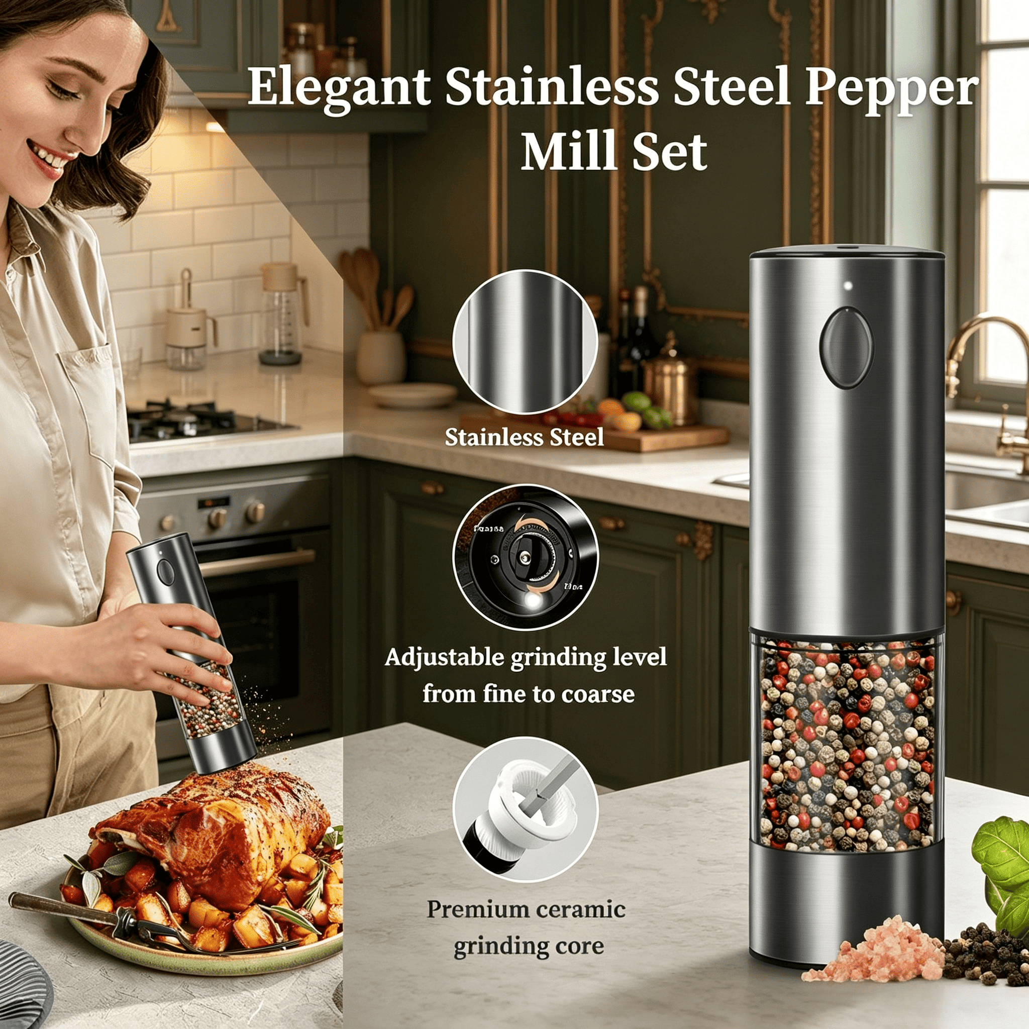 2PCS electric salt and pepper grinder set - battery-powered spice grinder, adjustable for coarseness, perfect for home kitchens, durable plastic, electric salt and pepper grinder, automatic grinder