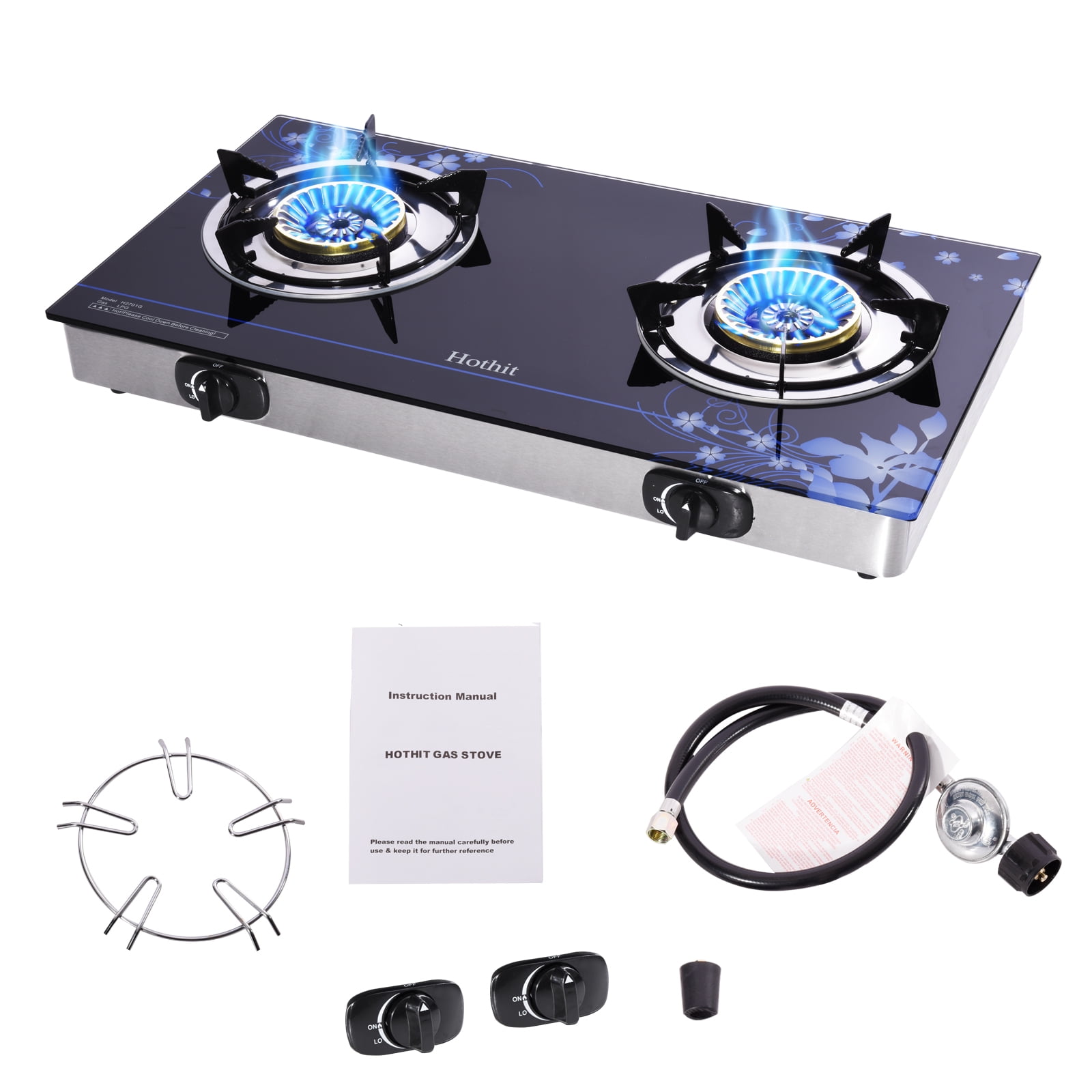Hothit Portable 2 Burner Propane Stove Gas Cooktop Stove Tempered Glass