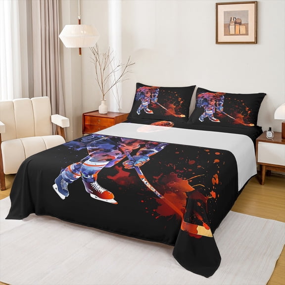 Homewish Hockey Sport Lover Twin Sheet Sets,Watercolor Splatter Ink Twin Fitted Sheet,Red Blue Black 03 For Kids Boy,Microfiber Bedroom Decor,3pcs