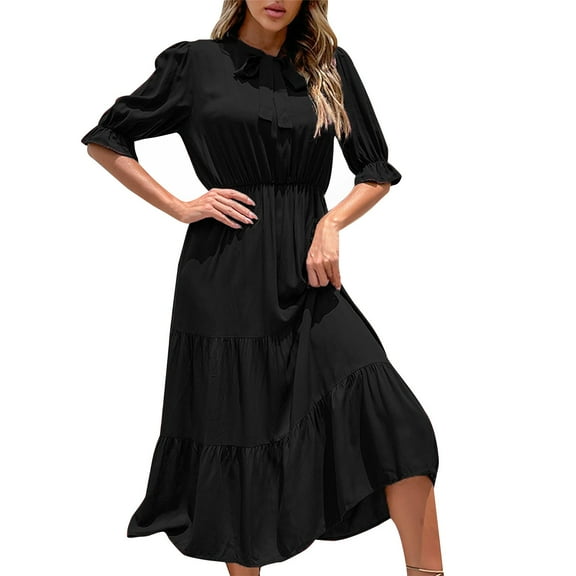 Kmdttou Women's Summer Casual Sexy FashionShort Sleeve Round Neck Solid Color Pleated Dress,Chic Day Dresses for Ladies Summer Wear