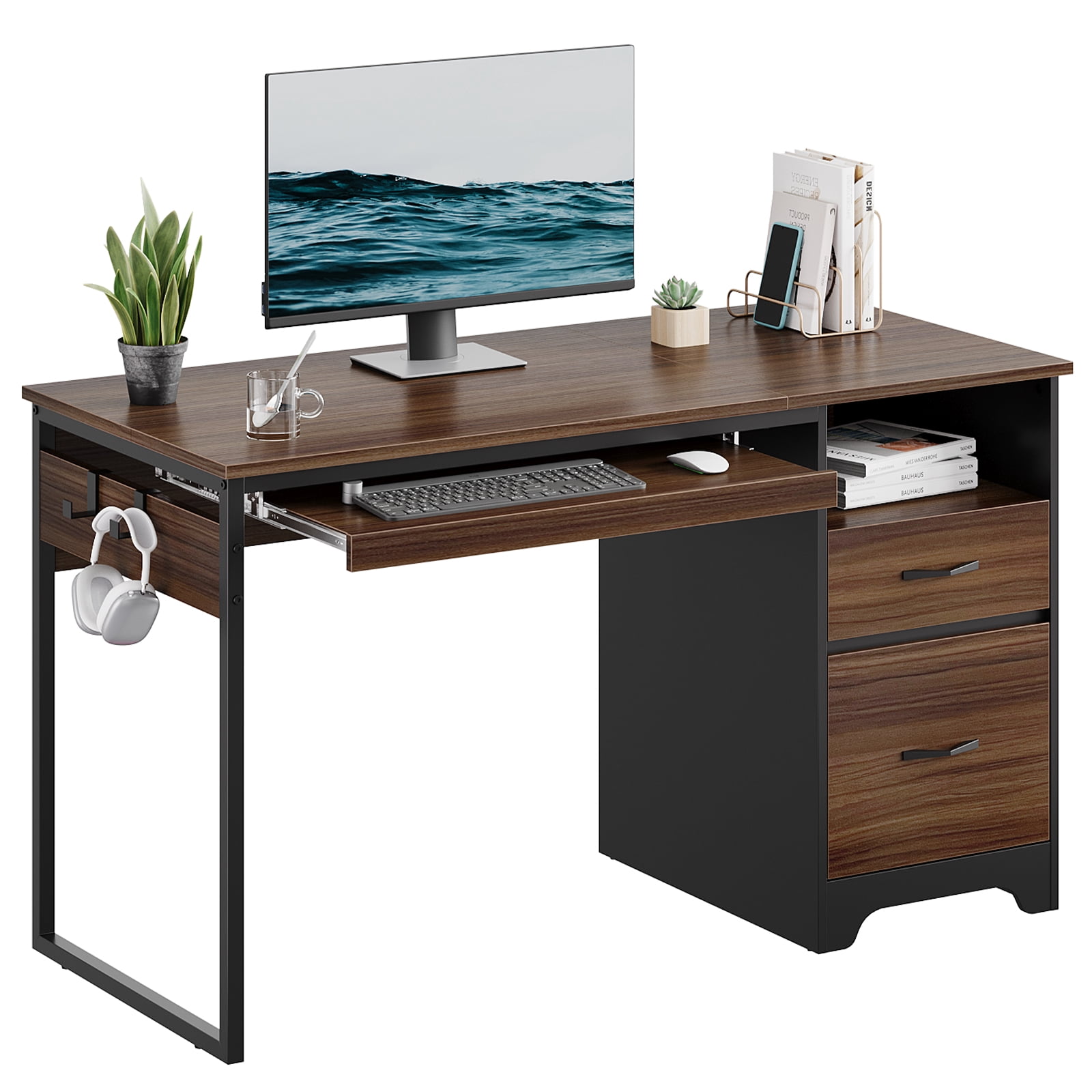 Bestier 48” Office Desk with Drawers, Computer Writing Desk with Keyboard Tray & 2 Hooks for Home Office, Cherry