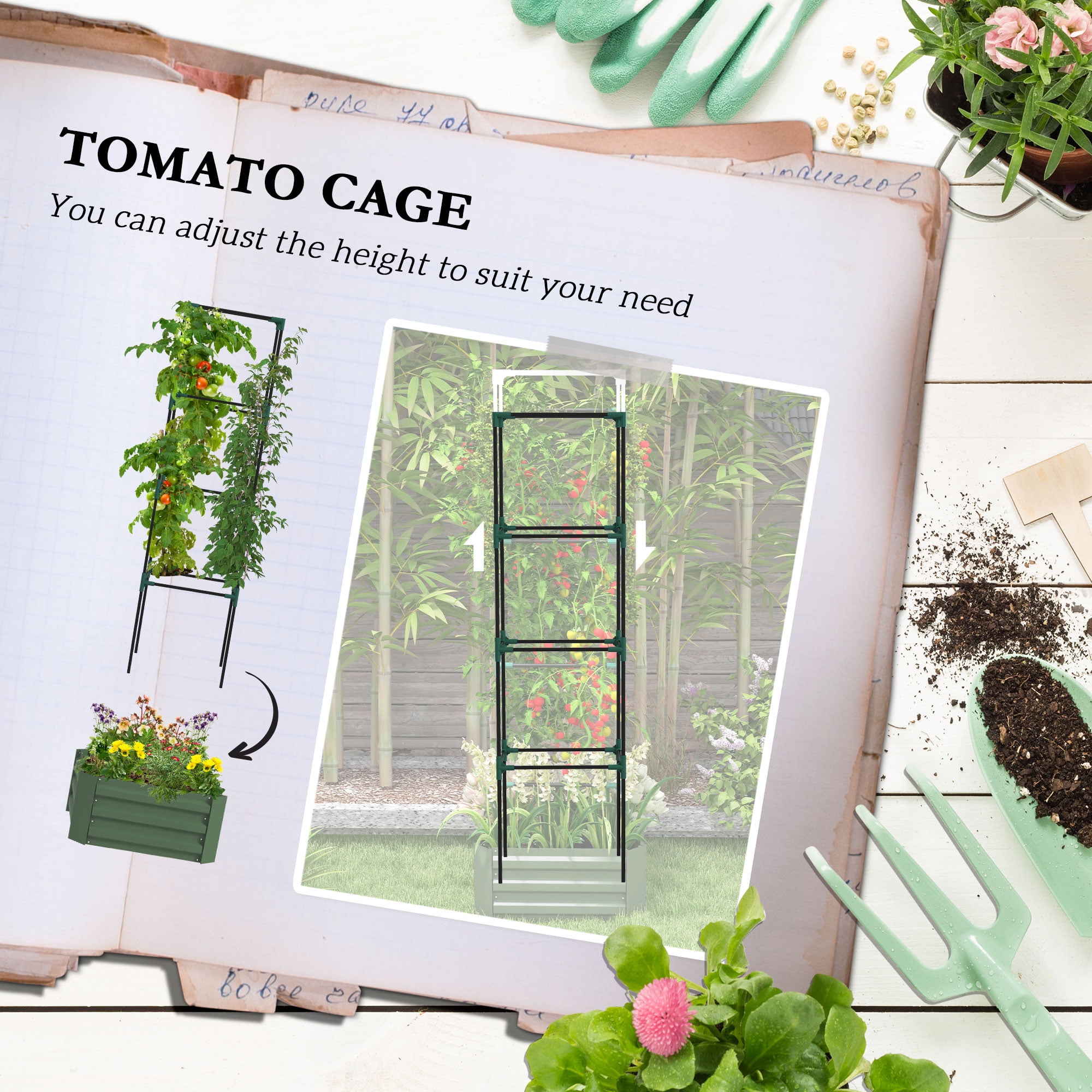 Homiyad Galvanized Planter Box 24x24x11.75 with Tomato Cage for Climbing Plants Green Raised Garden Bed| Aosom.com
