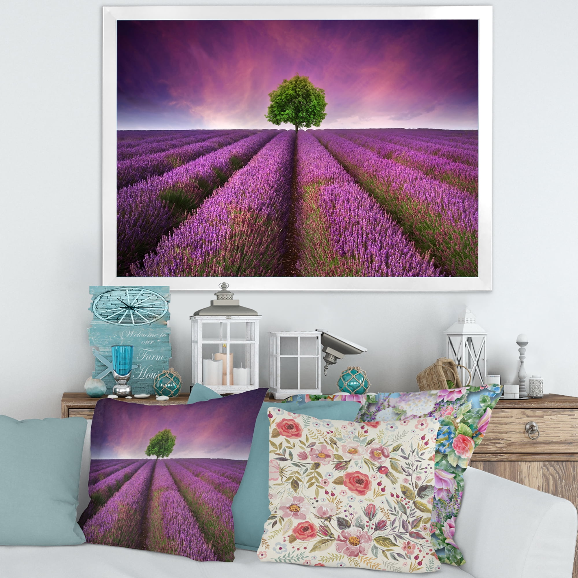 Designart 'Tree With Stunning Lavender Field Summer Sunset' Farmhouse Framed Art Print