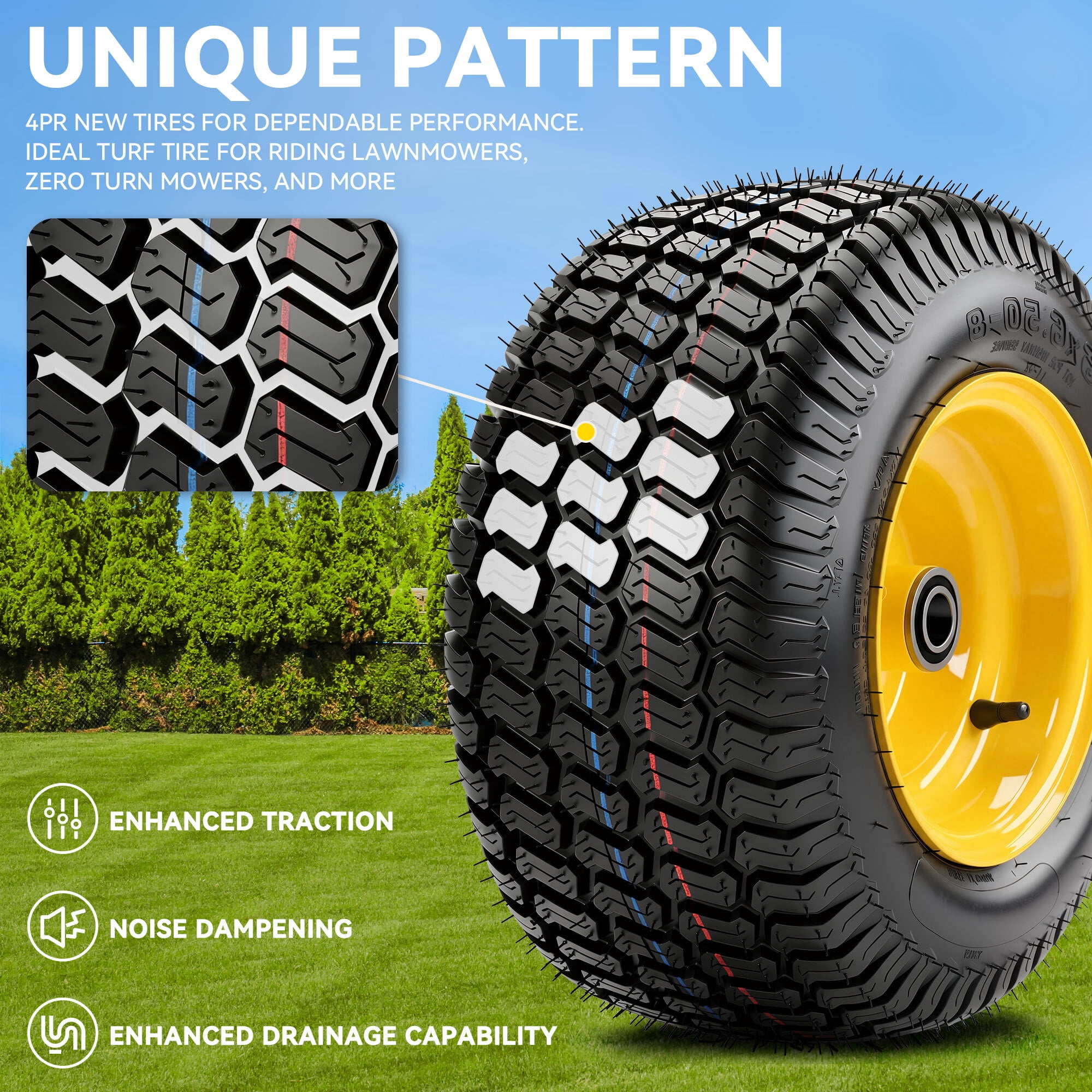 Uforic 16x6.50-8 Flat-Free Lawn Mower Tire and Wheel Assembly, 4-Ply Front Replacement Tire, 3 in Offset Hub, 3/4 in Bushing, 620 lb Capacity, 2-Pack
