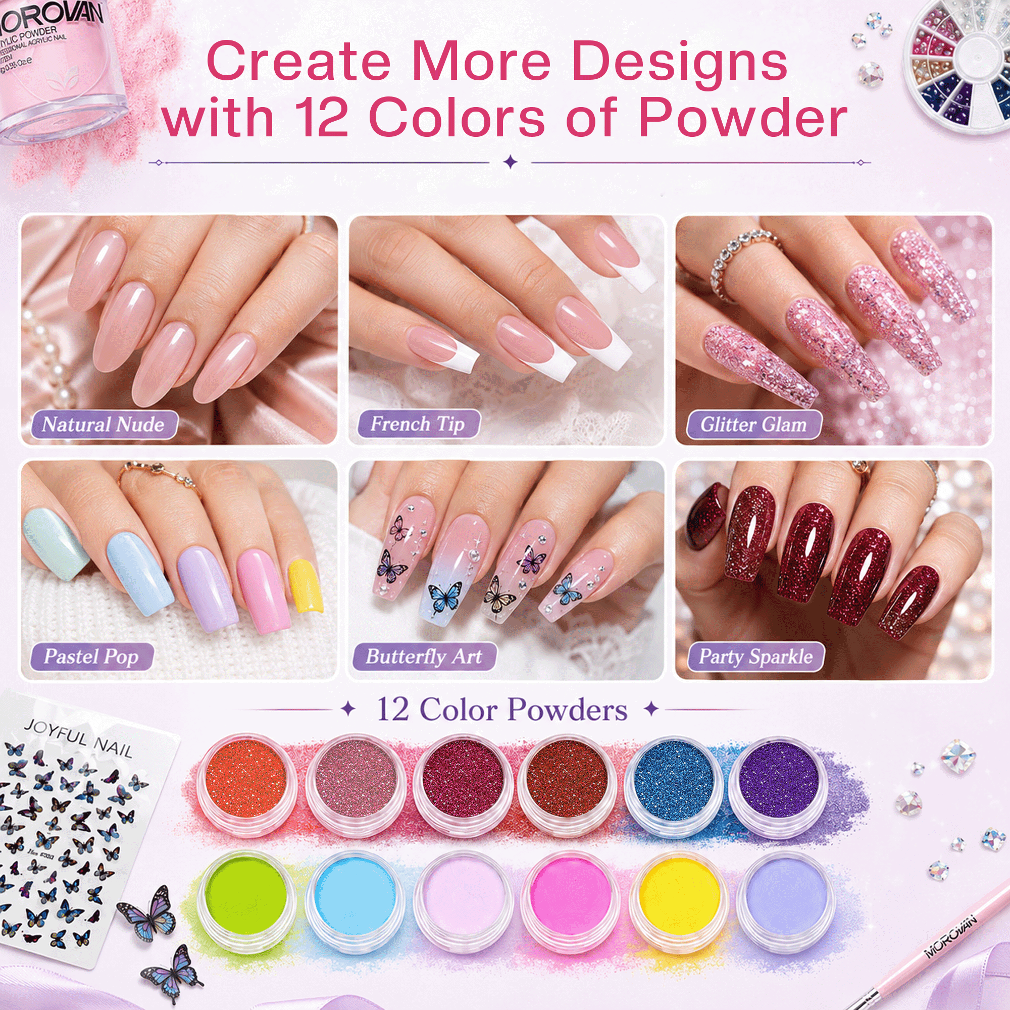 Morovan Acrylic Nail Kit with 3 Acrylic Powders, 6 Carving Powders, 6 Fine Glitter Powders, Nail Drill & Nail Lamp, DIY Nail Art Starter Kit Gift for Women