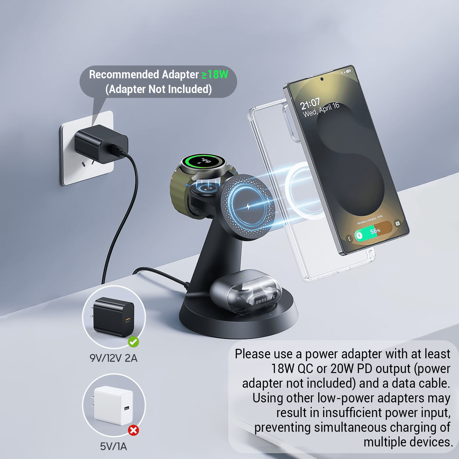 Geyo Magnetic Wireless Charger for Samsung, 3 in 1 Wireless Charger Station for Galaxy S26 Ultra/S25, Watch 8/7/6, Buds, Black (Adapter Not Included)