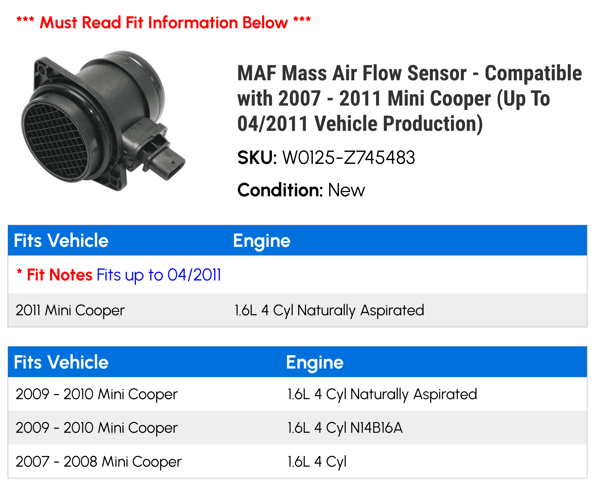 MAF Mass Air Flow Sensor - Compatible with 2007 - 2011 Mini Cooper (Up To 04/2011 Vehicle Production) 2008 2009 2010