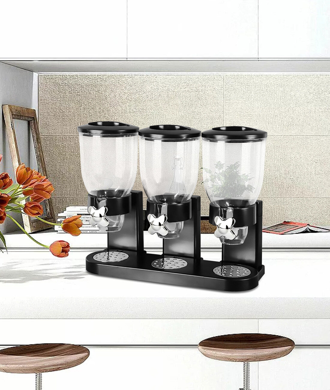 Triple Food Dispenser 2L Dry Food Dispenser Grain Dispenser Cereal Dispenser for Kitchen (Black)