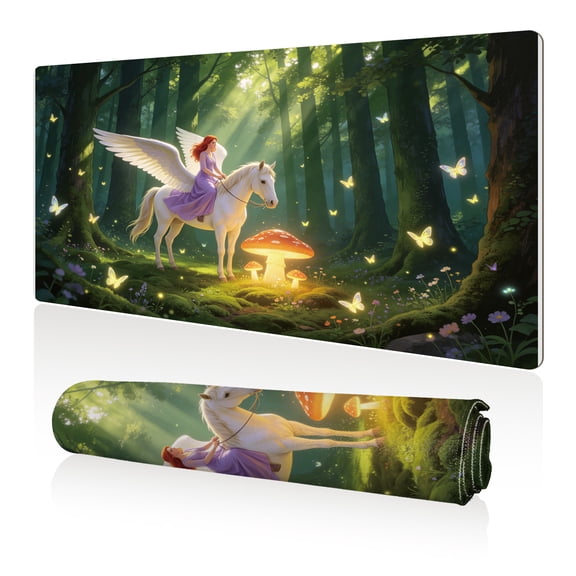 LIVEKEY Mouse Pad 80x40cm Extra Large Non Slip Stitched Durable Easy Clean Fairy Riding Winged Horse Enchanted Forest Mushrooms Butterflies for Gaming Office