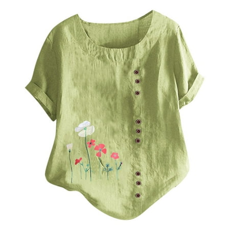 

Womens Summer Tops Short Sleeve Cotton Linen Shirt Plus Size Print Short Sleeve Floral Graphic Tunic Blouses Shirts