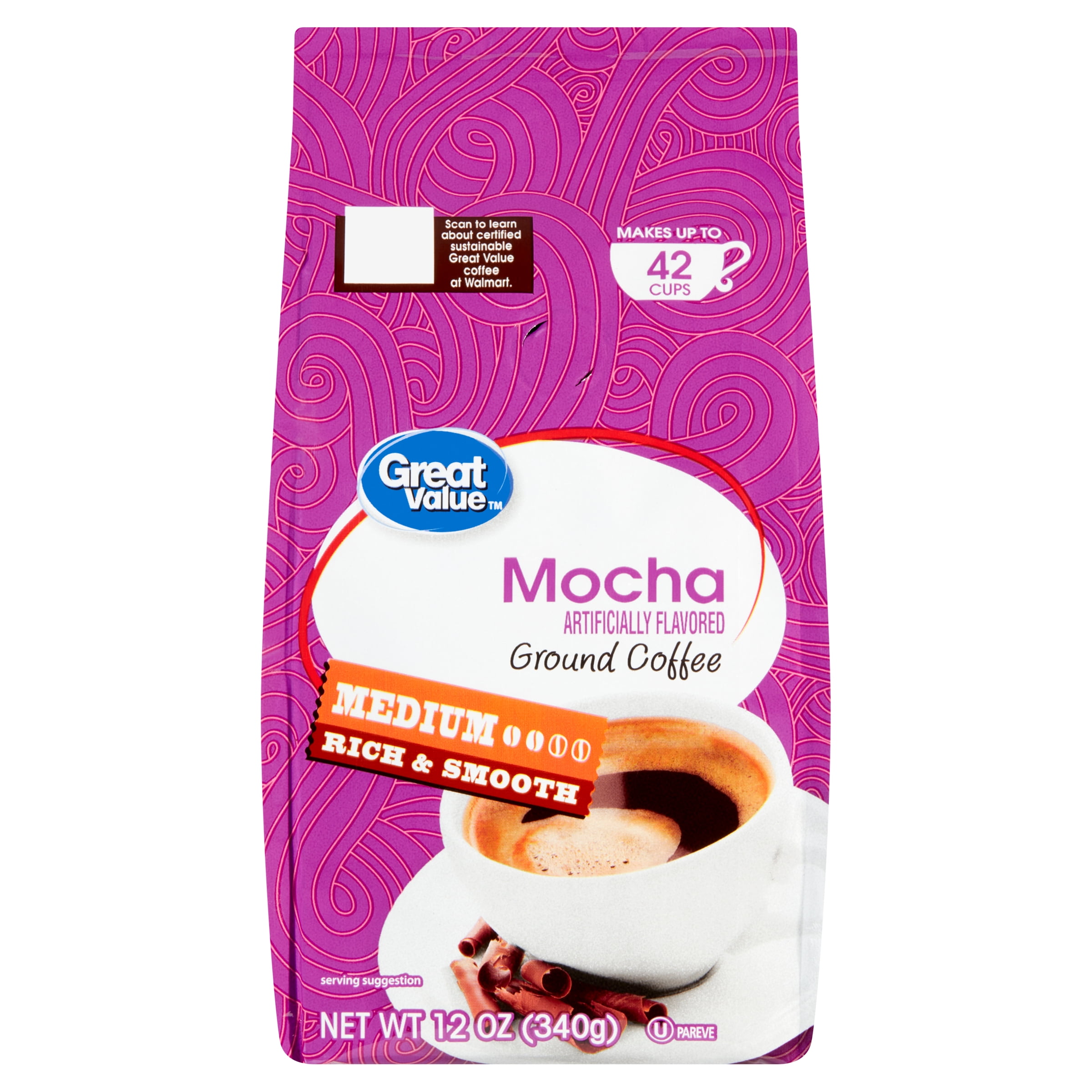 (6 pack) Great Value Mocha Medium Roast Ground Coffee, 12 oz, Bag