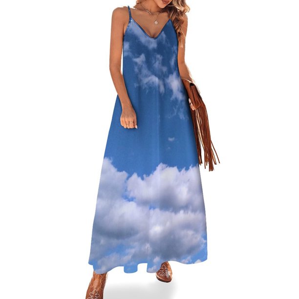 Vestido sin mangas de cielo azul con nubes blancas esponjosas, vestidos elegantes para mujer, tallas grandes