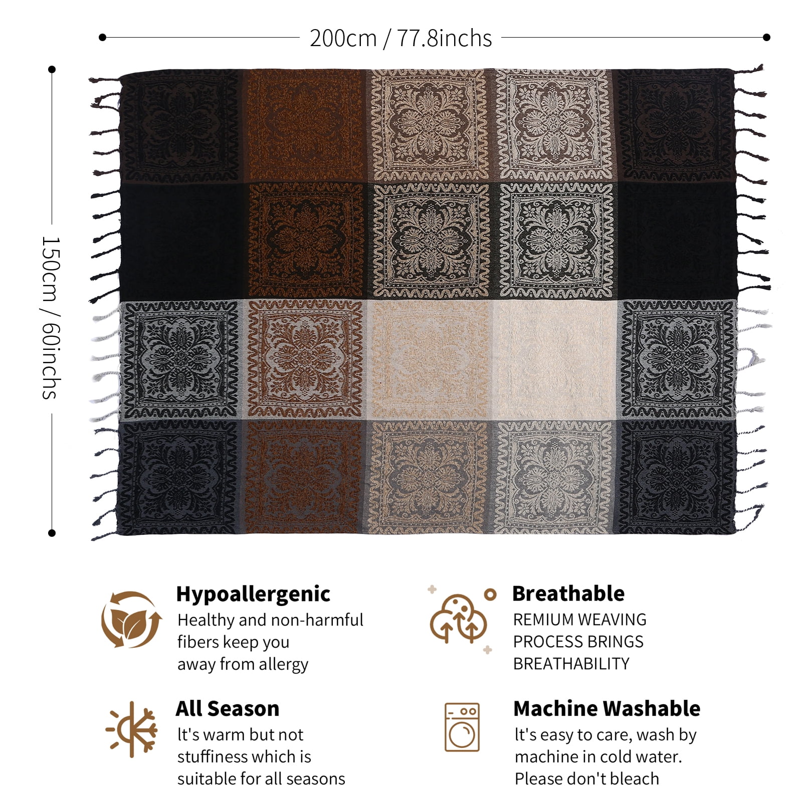 Boho Throw Blanket, Chenille Jacquard Tassels Throw Blankets for Bed Couch Soft Chair， Bohemian Fringe Tassels (Black, Large 86 * 102Inches)