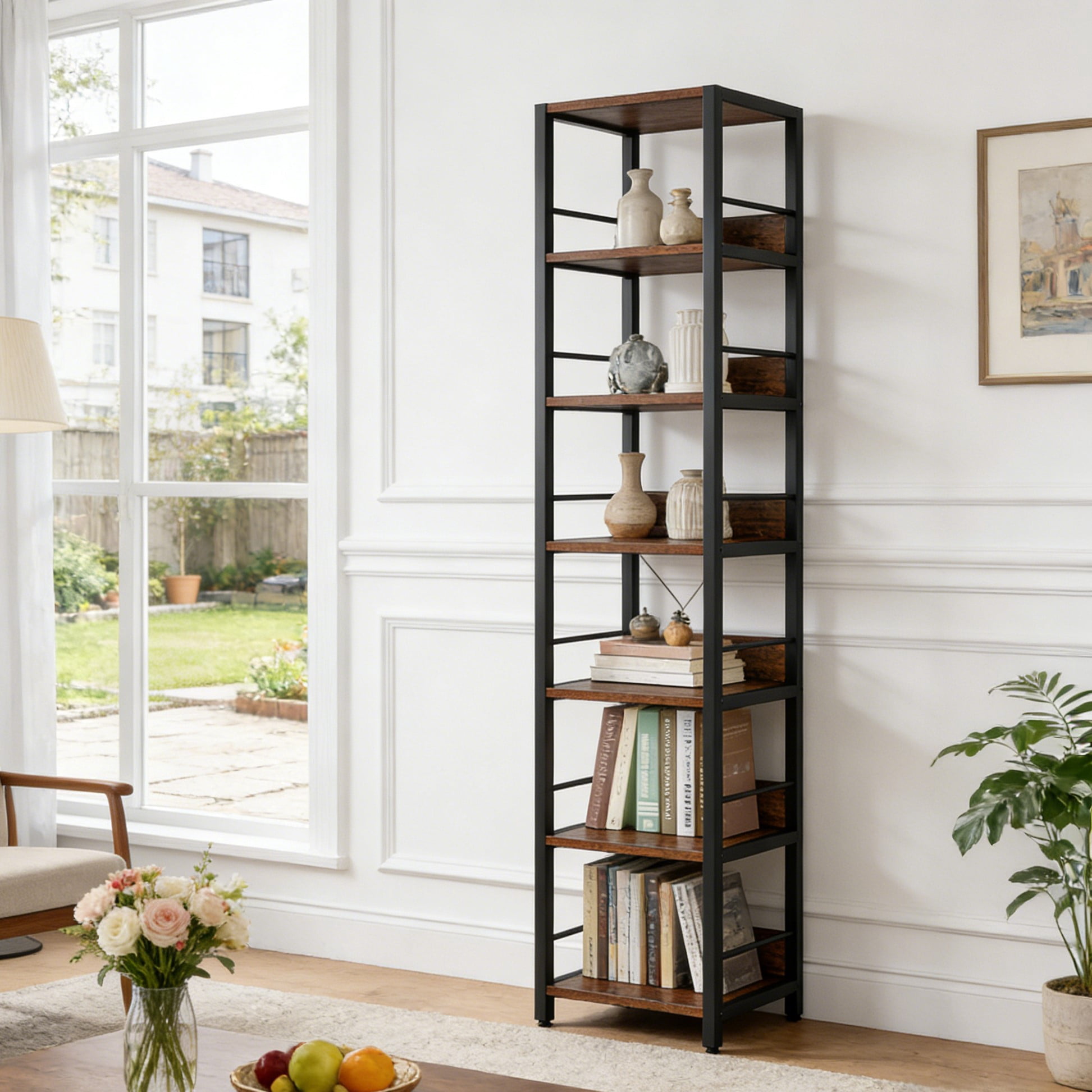 Fnova 75" 6-Tier Corner Bookshelf, Tall Narrow Rustic Wood Open Storage Rack, Square Bookcase Display Stand for Small Spaces in Living Room, Bathroom
