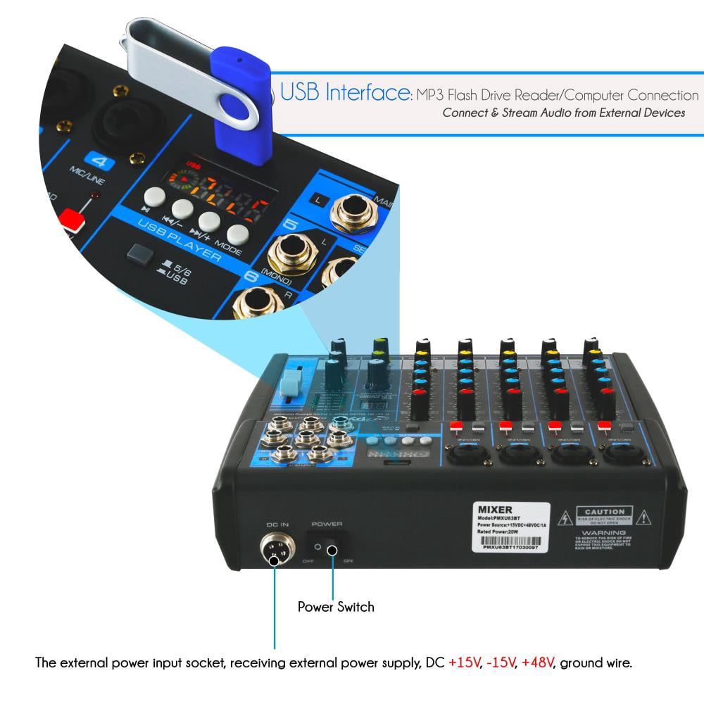 Pyle PMXU63BT - 6-Ch. Bluetooth Studio Mixer - DJ Controller Audio Mixing Console System