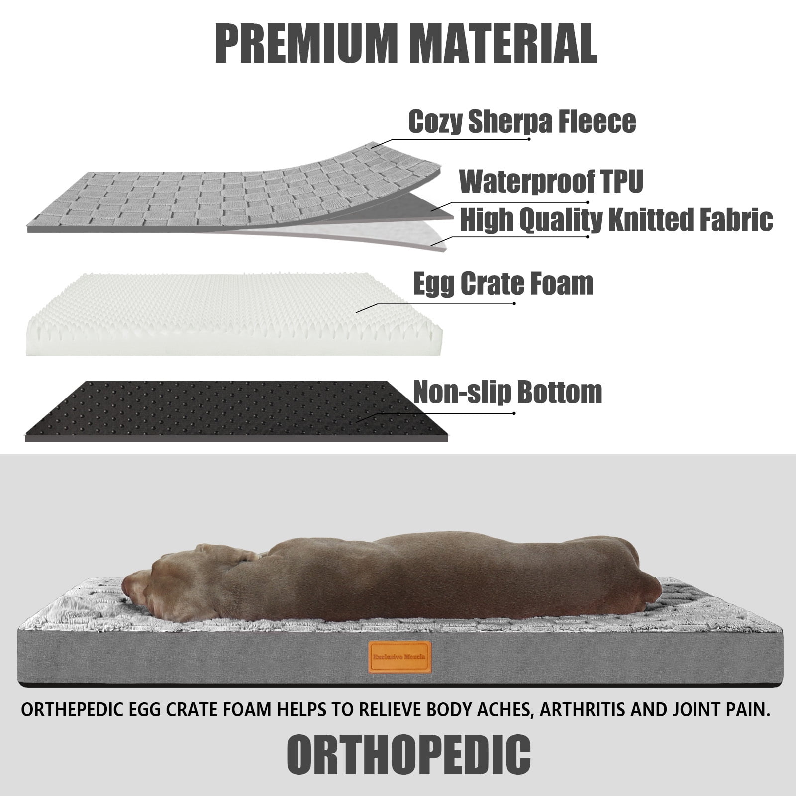 Exclusivo Mezcla Checkered Orthopedic Pet Bed for Extra Large Dogs 48"X30", Waterproof Removable Washable Cover, Gray