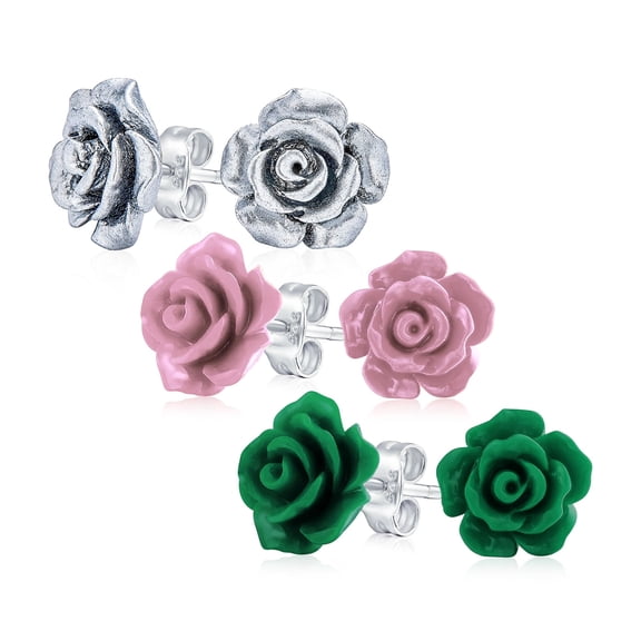 Bling Jewelry Womens Romantic Set of 3 Floral 3D Carved Silver , Purple, Green, Rose Flower Stud Earrings 10MM