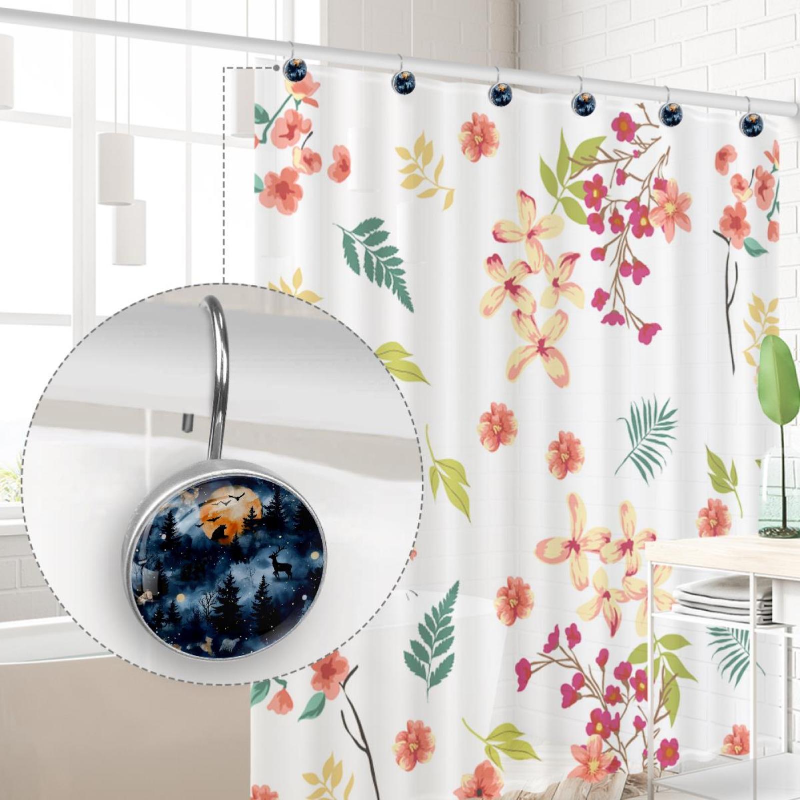 Wild Animals on Forest Silhouette Shower Curtain Hooks Round Crystal Glass, Set of 12 Shower Curtain Rings - Shower Hooks for Curtain Shower Rings